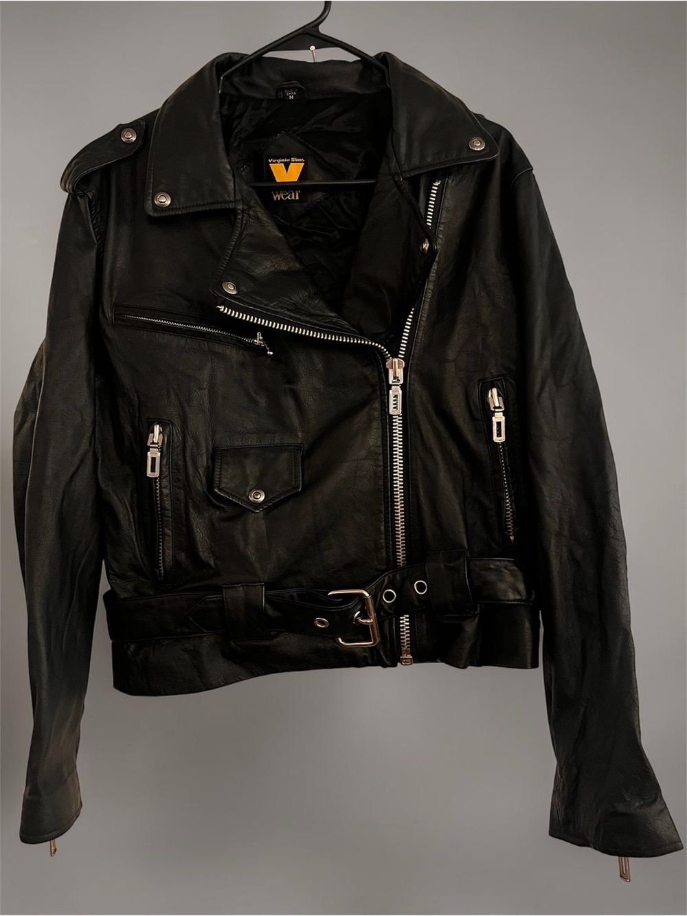 Vintage Virginia Slims 100% Leather Biker Motorcycle Jacket Womens W/Belt 1990s